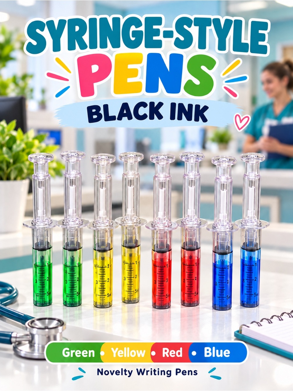 Novelty Pens (Green, Yellow, Red, Blue) - Black Ink